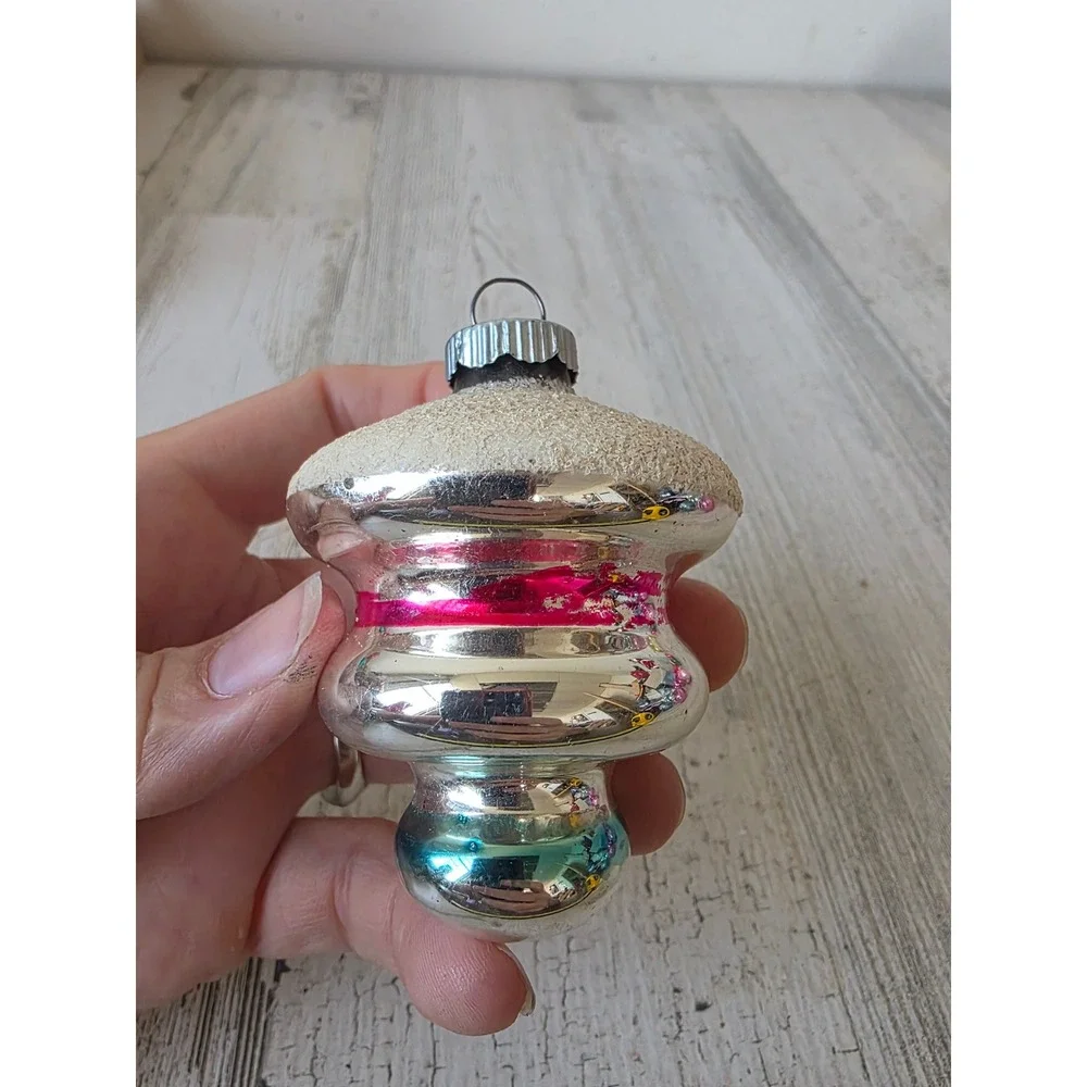 Vintage shiny Brite tornado tree Michael glass striped ornament Xmas tree
